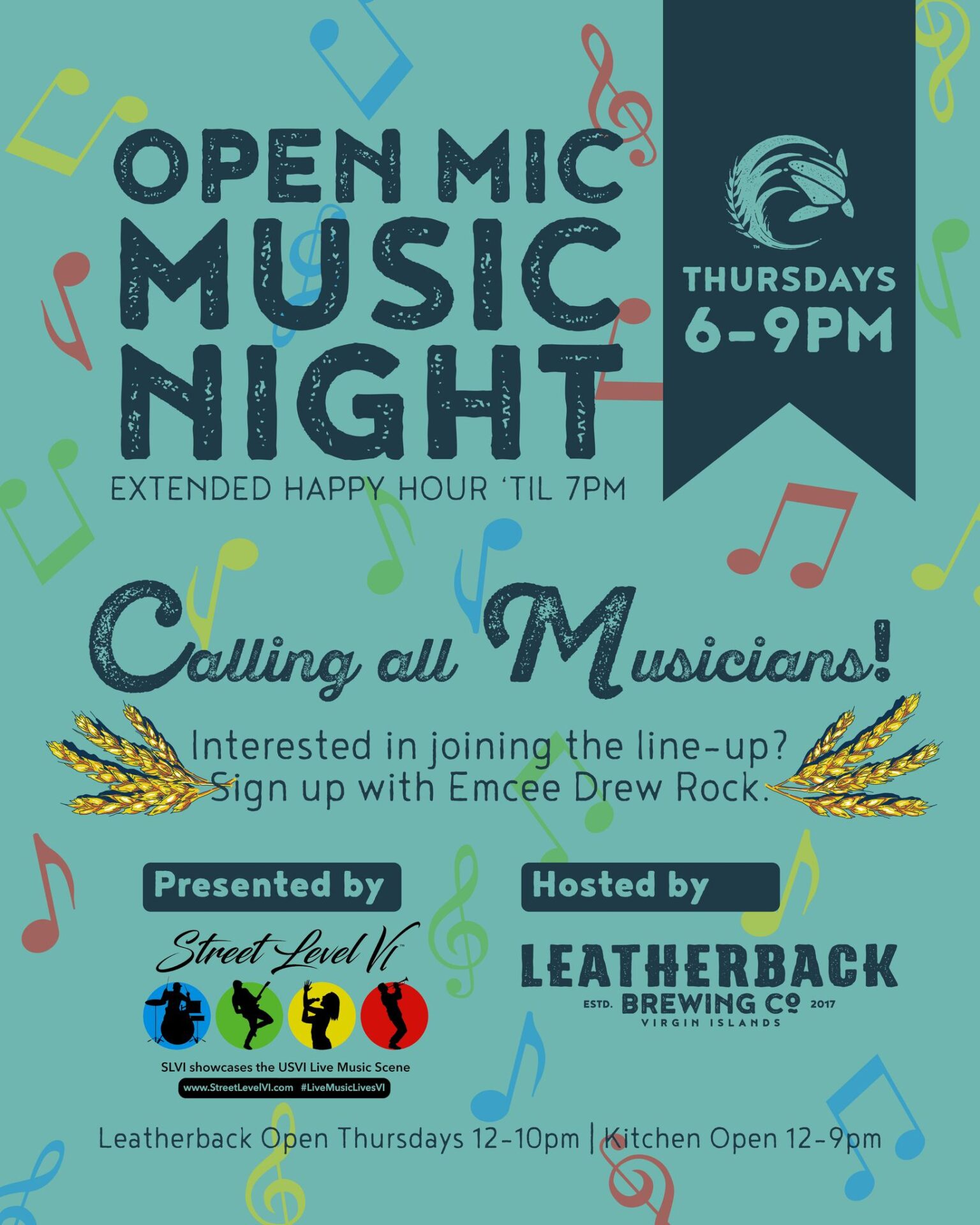 A poster for an open mic night with music notes.