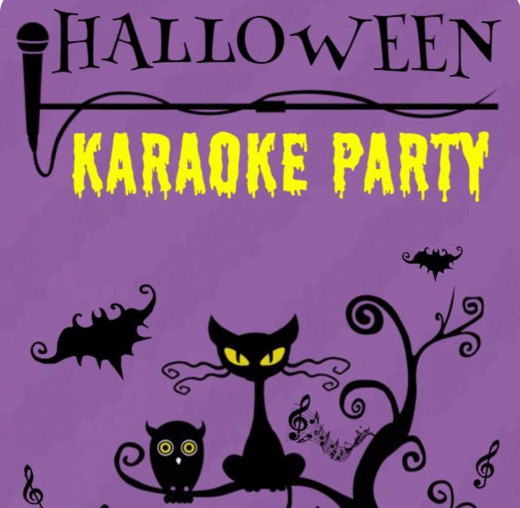 A purple poster with black cat and owl on it.